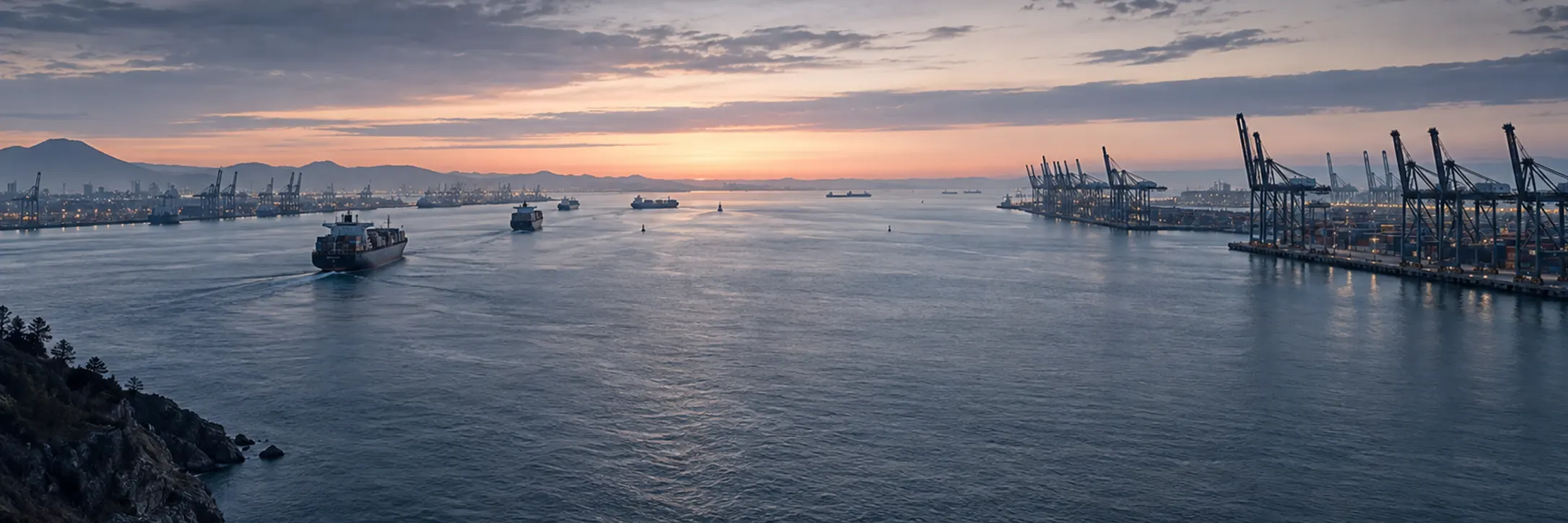 Container ships crossing a harbour at dawn.